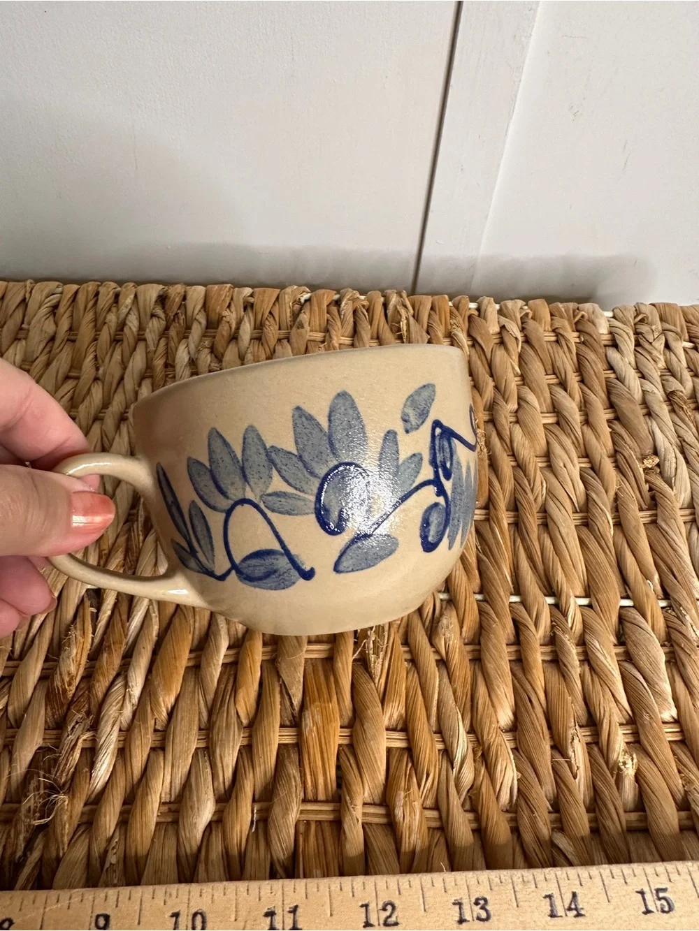 Hand-Painted Blue Leaf Ceramic Mug - Neutral Exterior